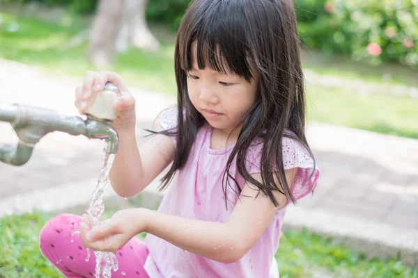 Cute Girl Smiling Happily Washing Hands — Stock Photo, Image