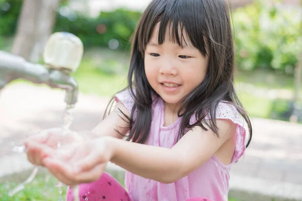 Cute Girl Smiling Happily Washing Hands — Stock Photo, Image