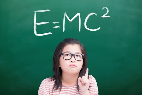 Unhappy Girl Pointing Green Chalkboard — Stock Photo, Image