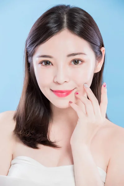 Beauty Skincare Smiling Happily Blue Background — стоковое фото