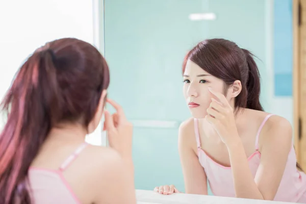 Woman Looking Mirror Touching Her Eyes Bath Room — Stock Photo, Image