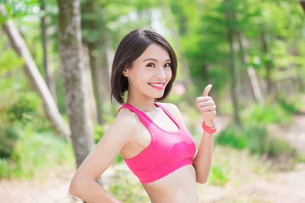 Sport Woman Showing Thumb Forest — Stock Photo, Image