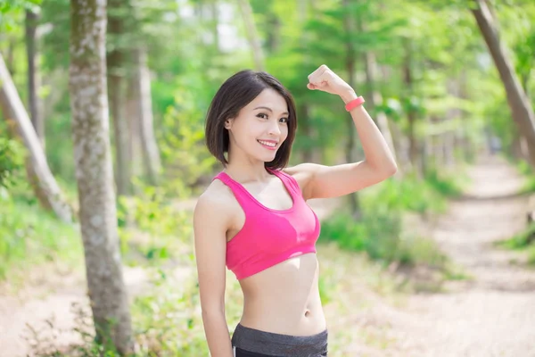 Sport Woman Showing Strong Arm Forest — Stock Photo, Image