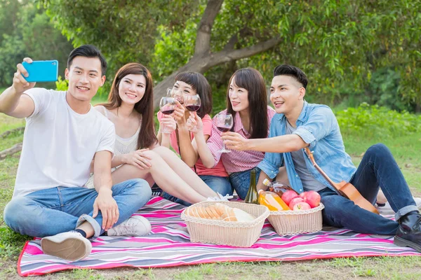 Emberek Boldogan Piknik Beszélő Selfie — Stock Fotó