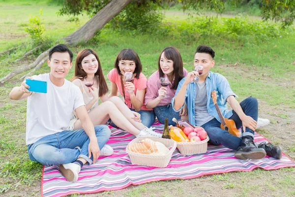 Ludzie Mówi Selfie Szczęśliwie Piknik — Zdjęcie stockowe