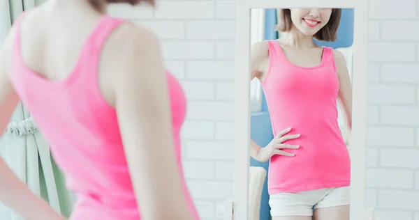 Woman Looking Mirror Showing Her Slim Waist You — Stock Photo, Image