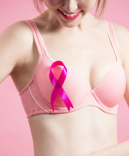 Mujer Con Cinta Rosa Prevención Concepto Cáncer Mama —  Fotos de Stock