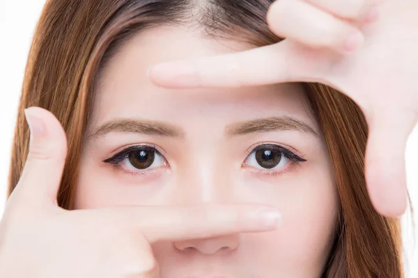 Mujer Haciendo Gesto Marco Sobre Fondo Blanco — Foto de Stock