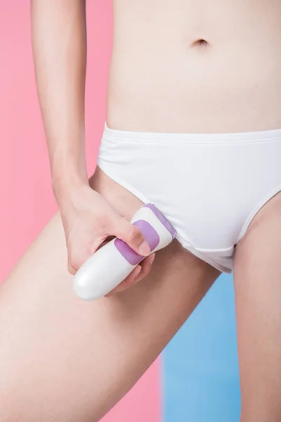 Woman Take Epilator Remove Her Bikini Line Blue Pink Background — Stock Photo, Image