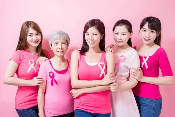 Mulheres Com Câncer Mama Prevenção Fundo Rosa — Fotografia de Stock