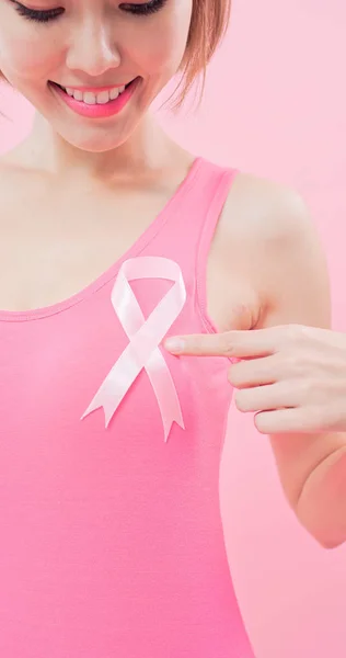 Mujer Mostrando Cinta Rosa Prevención Concepto Cáncer Mama —  Fotos de Stock