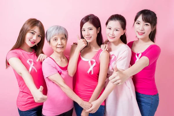 Donne Con Prevenzione Del Cancro Seno Mostrare Pollice Sullo Sfondo — Foto Stock
