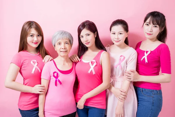 Donne Con Prevenzione Del Cancro Seno Sfondo Rosa — Foto Stock