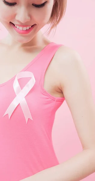 Woman Wearing Pink Ribbon Prevention Breast Cancer Concept — Stock Photo, Image