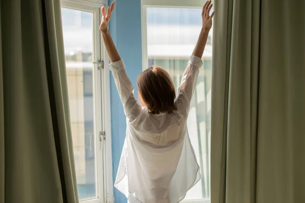 Woman Opening Curtains Bedroom Morning — Stock Photo, Image