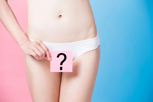 Woman Question Mark Laser Hair Removal Concept Blue Pink Background — Stock Photo, Image