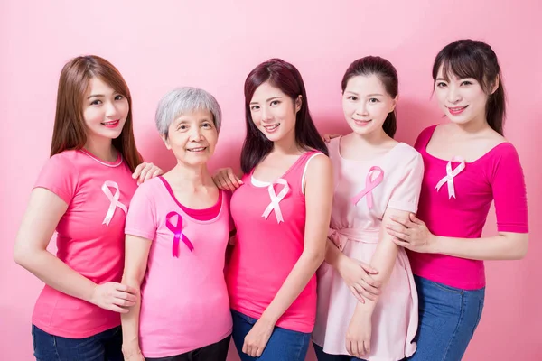 Donne Con Segni Prevenzione Del Cancro Seno Sullo Sfondo Rosa — Foto Stock