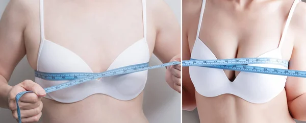 妇女采取不同的胸部测量 在灰色背景前后 — 图库照片