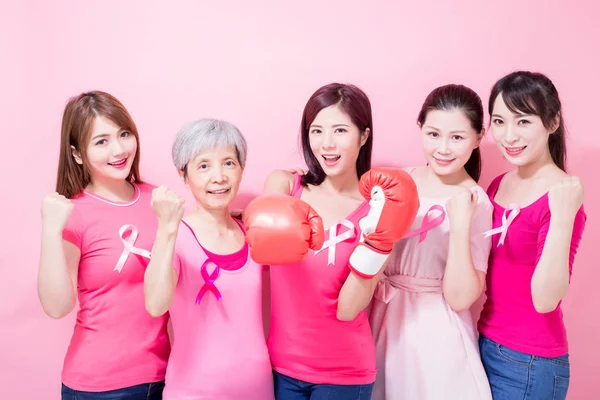 Women Showing Fists Breast Cancer Prevention Pink Background — Stock Photo, Image