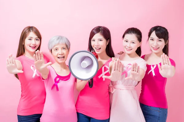 Vrouwen Tonen Stoppen Gebaren Preventie Van Kanker Van Borst Pin — Stockfoto