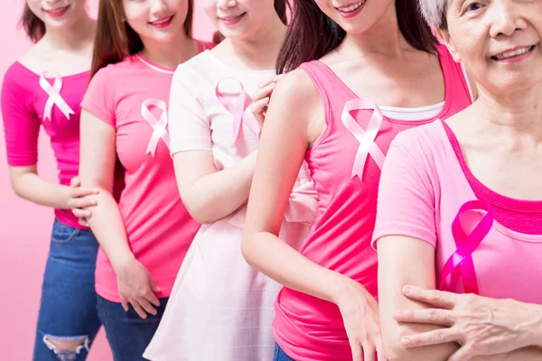 Vrouwen Met Borstkanker Kankerpreventie Borden Roze Achtergrond — Stockfoto