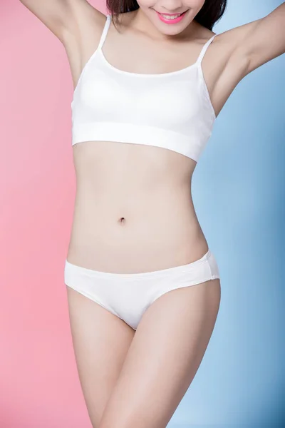 Woman Show Her Thin Waist Blue Pink Background — Stock Photo, Image