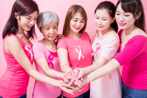 Vrouwen Tonen Roze Lint Met Borst Kankerpreventie Roze Achtergrond — Stockfoto