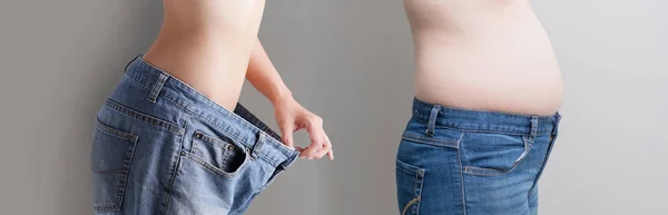 Frau Trägt Jeans Mit Bauchverlust Konzept Auf Grauem Hintergrund — Stockfoto