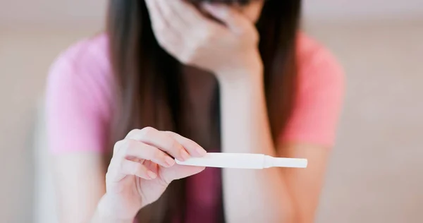 Woman Take Pregnancy Test Feel Upset — Stock Photo, Image