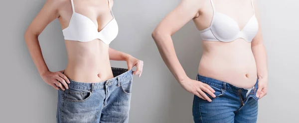 Woman Wear Jeans Abdomen Loss Concept Gray Background — Stock Photo, Image
