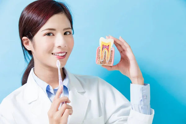Mujer Dentista Tomar Dientes Salud Cepillo Dientes Fondo Azul — Foto de Stock