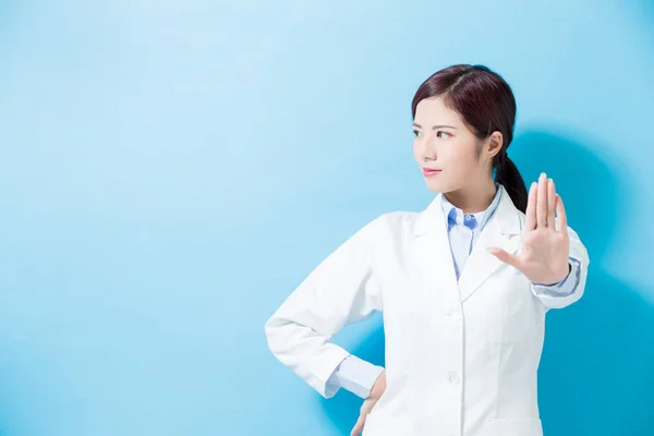 Woman Dentist Show Stop Gesture See Copy Space Blue Background — Stock Photo, Image