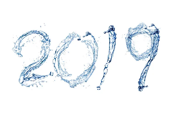 Szczęśliwego Nowego Roku 2019 Przez Pure Plusk Wody Białym Tle — Zdjęcie stockowe