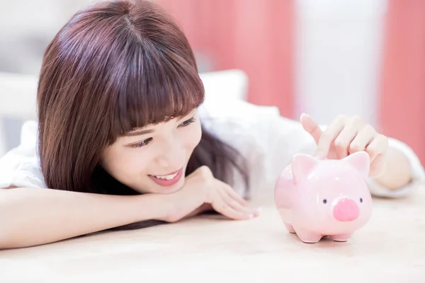 Happy Woman Look Her Pink Piggy Bank Feel Happy Home — Stock Photo, Image