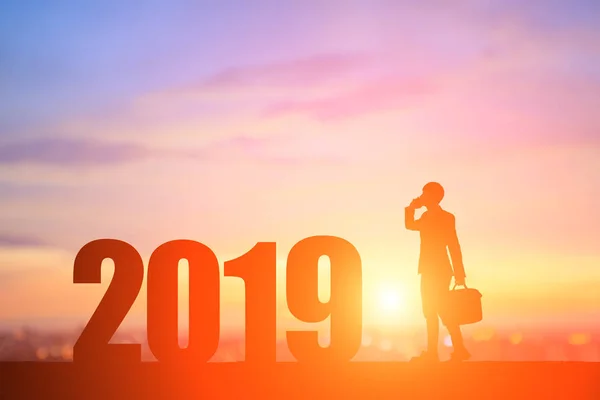 Silhouette Des Geschäftsmannes Telefonieren Mit 2019 Jahr — Stockfoto