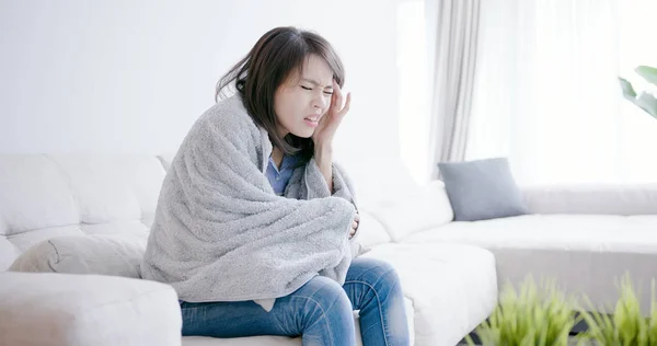 Woman Sick Feel Headache Home — Stock Photo, Image
