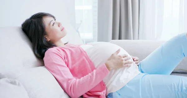 Beauty Pregnant Woman Smile Think Something Sofa Home — Stock Photo, Image
