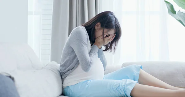 Pregnant Woman Cry Feel Depression Home — Stock Photo, Image