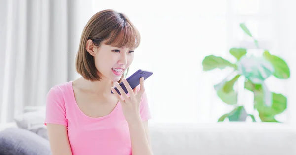Young Woman Talk Smartphone Voice Assistant Search Data Internet — Stock Photo, Image