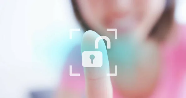 Close Woman Scanning Fingerprint Screen Unlock Mobile Phone — Stok Foto