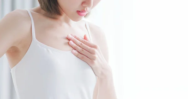 Young Woman Clutching Her Chest Feeling Sharp Strong Pain Because — Stock Photo, Image