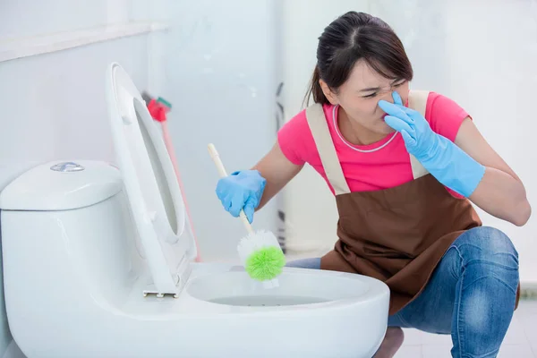 Mujer cepillar el inodoro — Foto de Stock