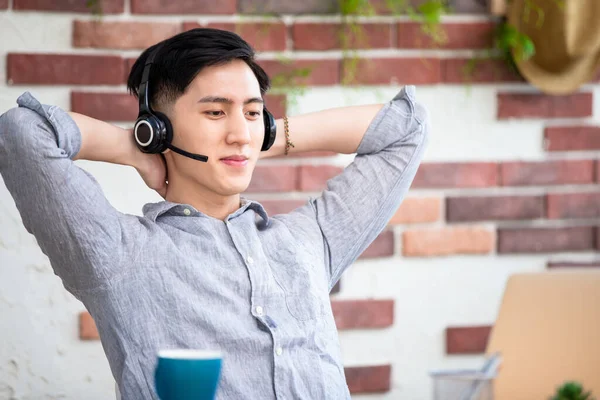Asian Man Finish Successful Video Meeting Use Computer Telework Home — Stock Photo, Image