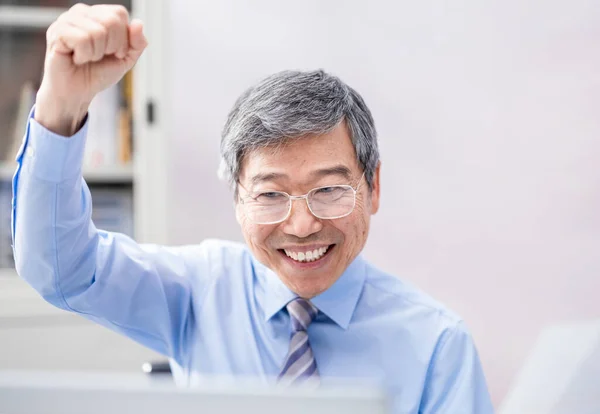 Successful Asian Senior Businessman Very Excited Raises His Arm — Stock Photo, Image