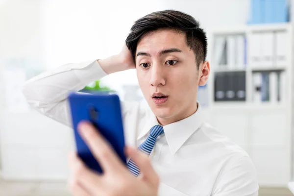 Asian Young Businessman Look Smart Phone Shocked Unexpected Social Media — Stock Photo, Image