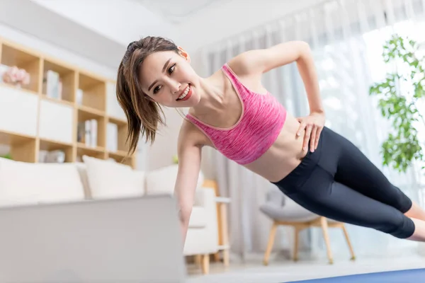 Asian Young Woman Watching Video Laptop Doing Exercise Home — Stock Photo, Image