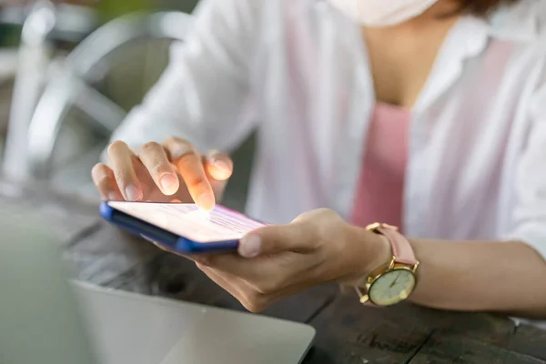 Close Asian Young Woman Use Smartphone Outdoor — Stock Photo, Image