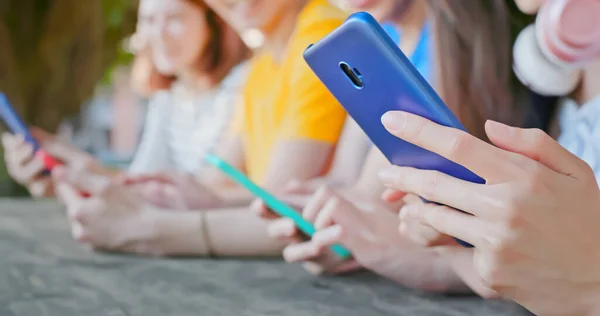 Close Happy Young Asian Students Use Smartphone Play Mobile Game — Stock Photo, Image