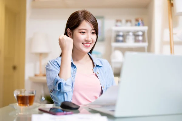 Telework Concept Asian Business Woman Happy Her Success Order Fist — стоковое фото