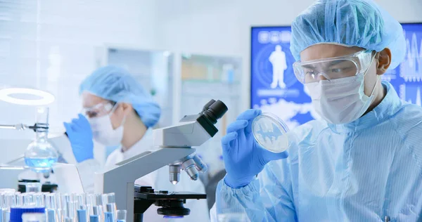 Asiatico Biologico Tecnologia Scienziato Squadra Guardare Qualcosa Petri Piatto Laboratorio — Foto Stock